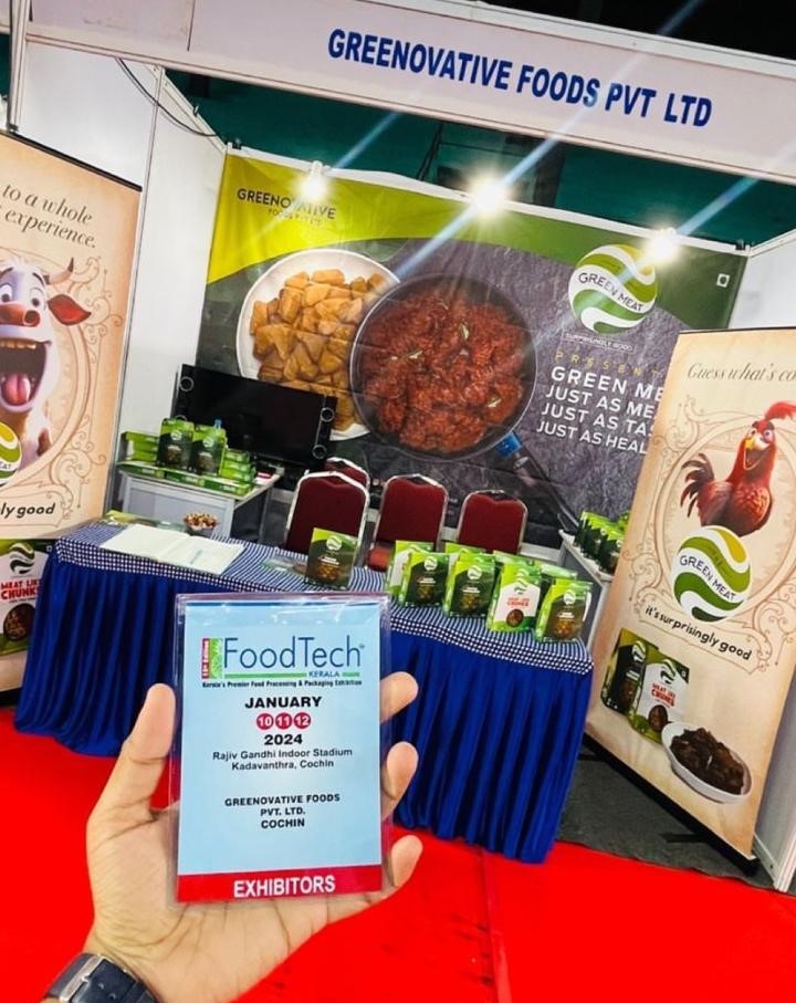 Image of an exhibition stall where the Green meat brand, few products and their banners are showcased